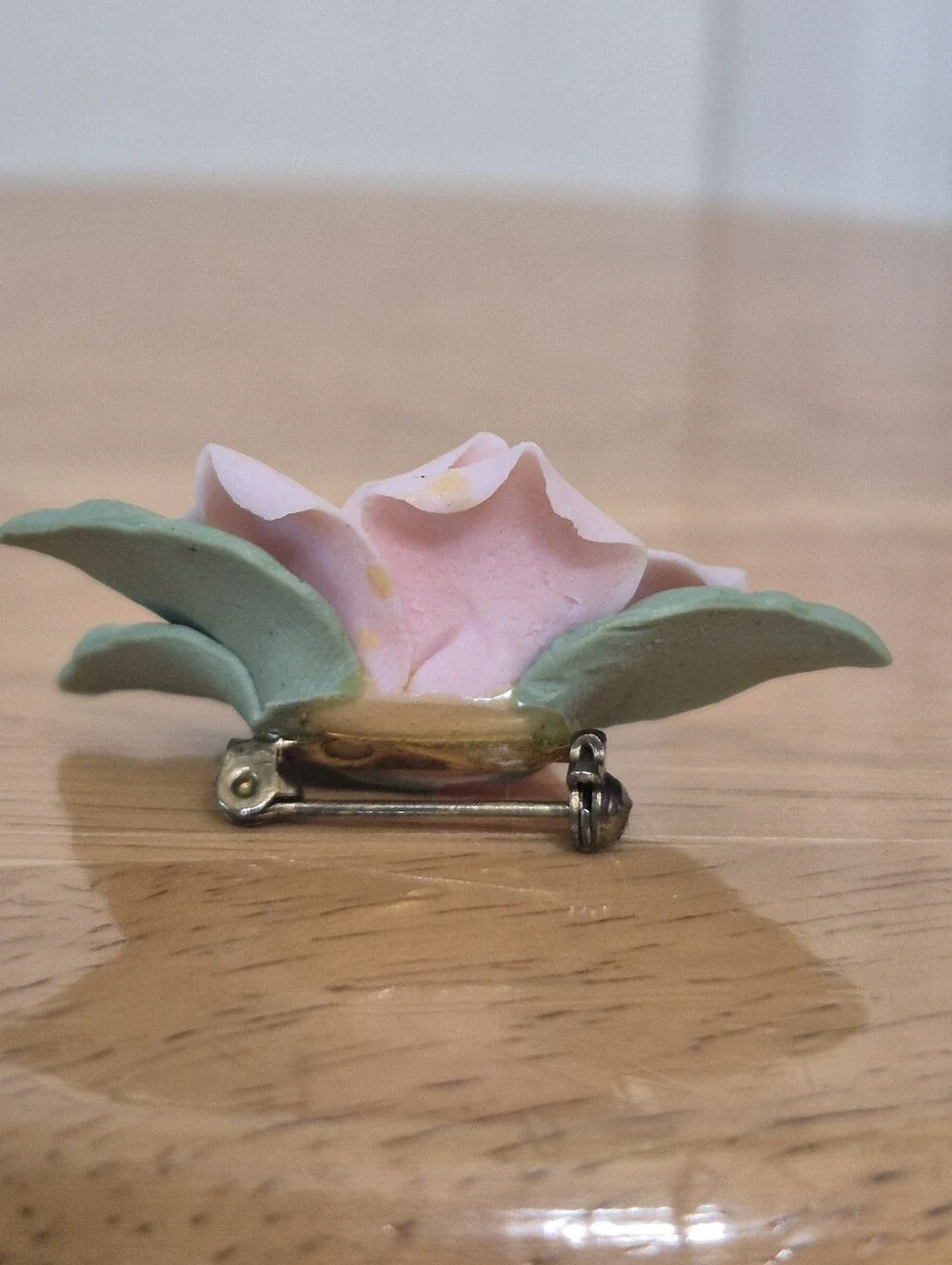Pastel porcelain pink rose Brooch pin with green leaves